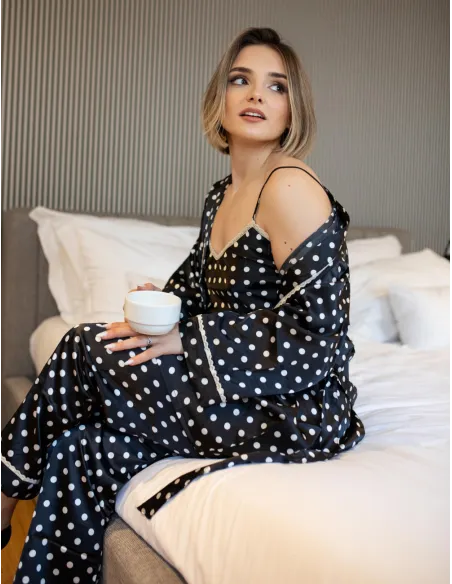 Conjunto em Cetim Pijama + Robe Estampado Bolinhas
